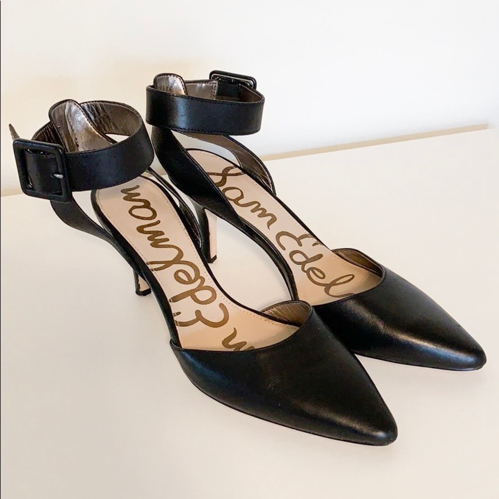 Sam Edelman | Black Leather Ankle Strap Heels 7